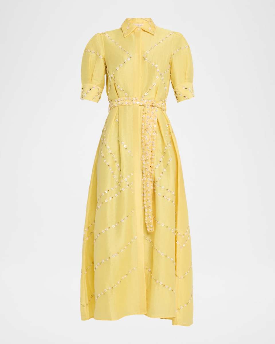 Embellished Organza Short-Sleeve Belted Midi Shirtdress
